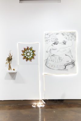 Installation view of two 2D pencil drawings with string lights connecting the 2D together. There is a shelf of flowers adjacent to the drawing of flowers.