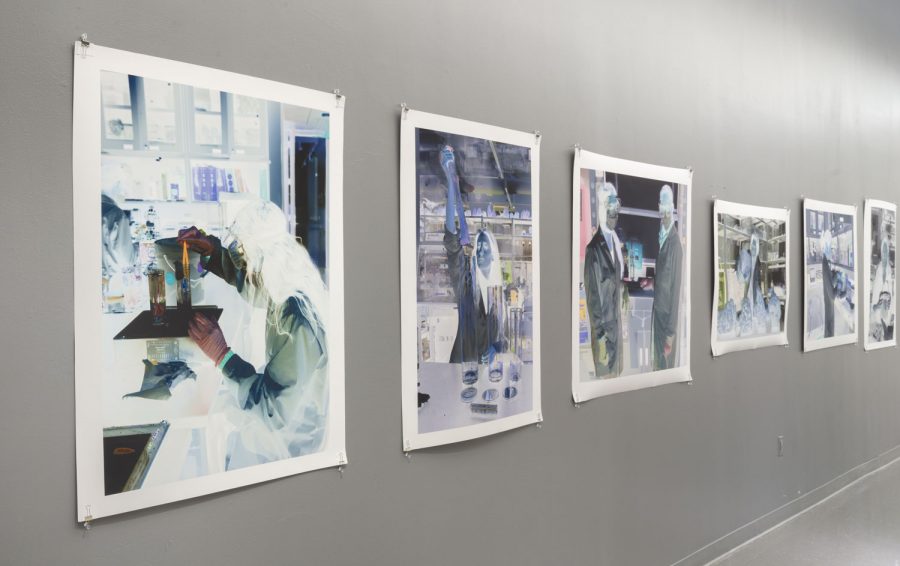 Six prints with white borders depicting negatives of people working in a laboratory, they are hung up against the wall with binder clips on each of the four corners