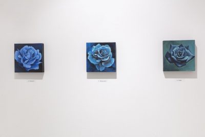 Three square rose paintings hung on the wall with black text captions below each painting on the wall, from left to right there is a white and blue rose on a dark blue background, a cerulean blue and white rose on a dark cerulean blue background, a black/blue/white rose on a teal background