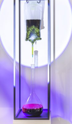 An IV bag filled with green liquid and leaves connected to a syringe dripping into a beaker filling with red liquid, sitting on top of a pedestal with a metal frame around it