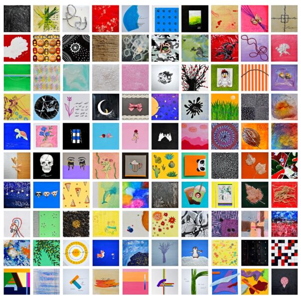 A mixed media artwork by Viviann Lu consisting of many small colorful square drawings hung in a grid.