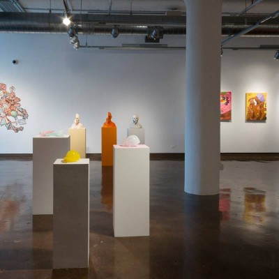 Installation view at the SVA Chelsea Gallery with sculptures and paintings by BFA Fine Arts Students.