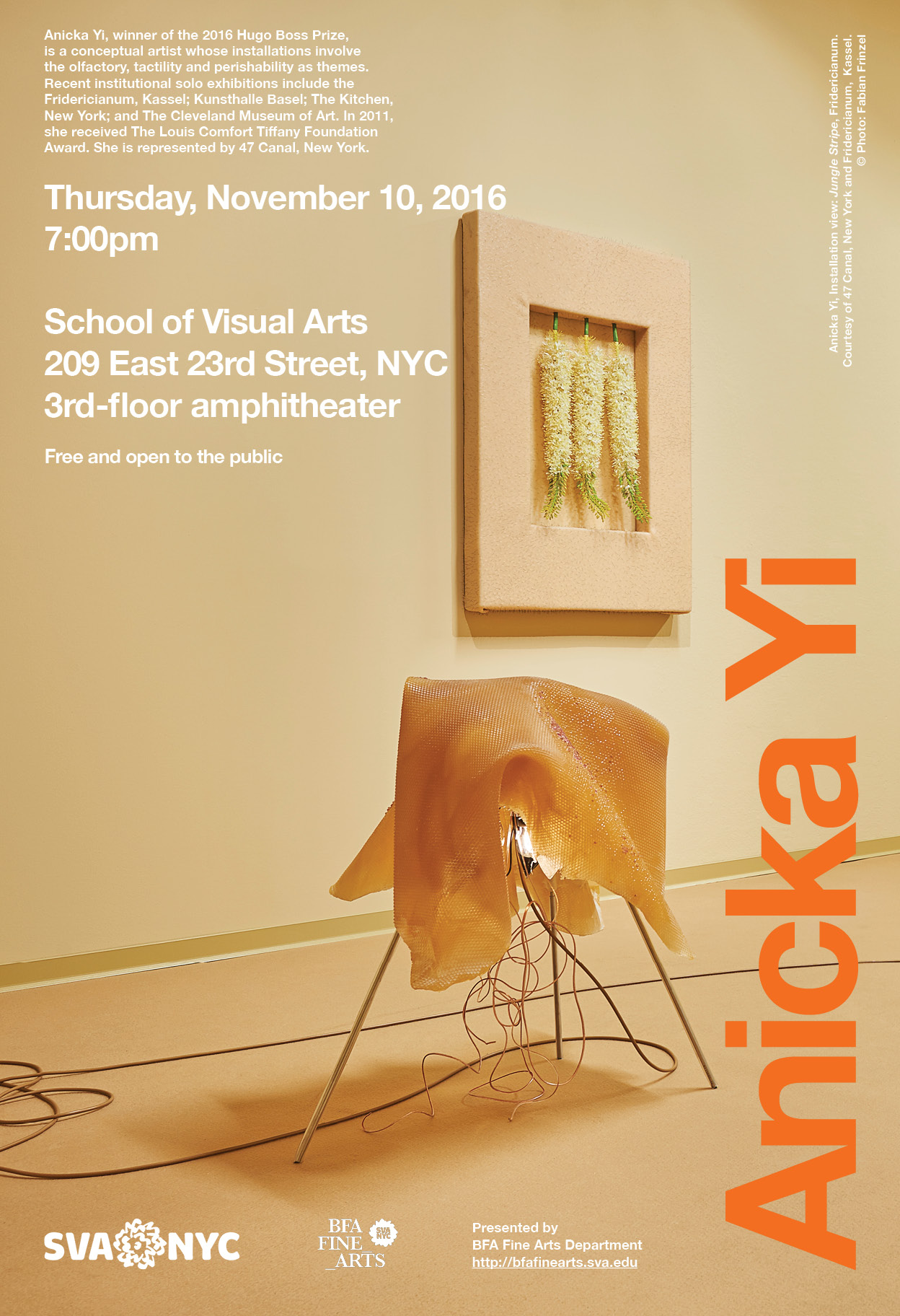 Poster image for visiting artist, Anicka Yi at the School of Visual Arts on 23rd street.