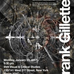 Frank Fillette is written on the right with a lecture description on the top of the poster, location and time information is written on the bottom left in white text, the background is an intricate painting that is gray, red, tan, black