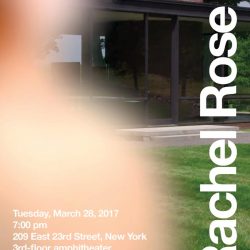 "Rachel Rose" text on the right side, a white text description on the top left corner, location and time information on the bottom left corner, all white text on a background of a photograph of a backyard pointing towards the back of a house and fingers are blocking the view on the left side