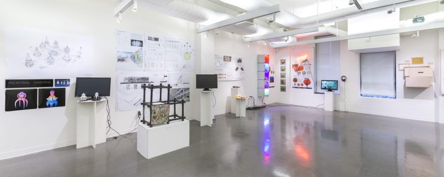 2017 BioDesign Challenge, installation view there are three TV screens installed on pedestals, various sketches and diagrams hung up on the wall, and some sculptures on smaller white pedestals, there are some neon lights and bright red, blue, green, and purple lights in some of the installations on the right