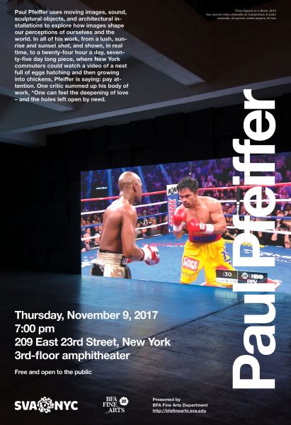 Paul Pfeiffer is written on the right side with information about location and times on the bottom right, a description of the lecture on the top left corner, and a projection of two people boxing in the center.