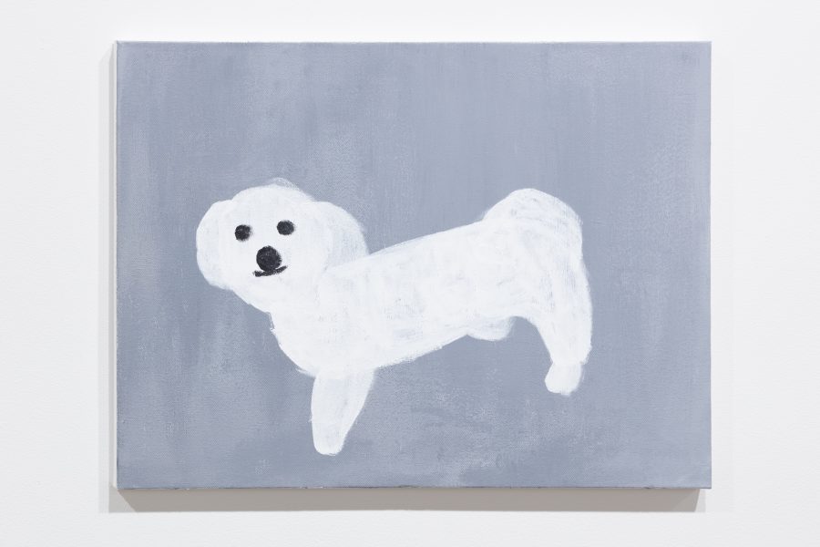 Painting of white dog on a gray background