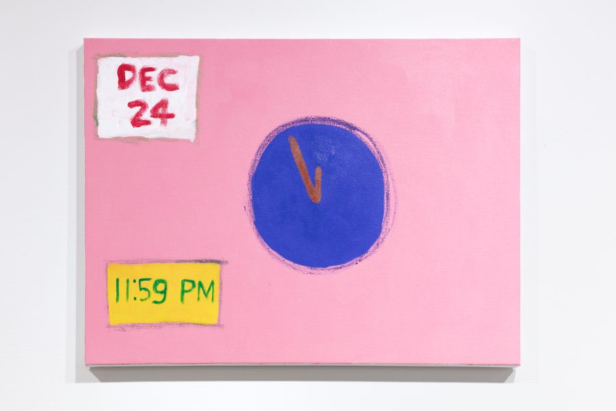 A painting by Claude R. Jeong. The painting depicts a circular shape in the center that resembles a clock without numbers. In the lower left corner is a yellow box with "11:59 PM" painted in green. In the top left corner there is a white box with "Dec 24" painted in red. The background is pink.