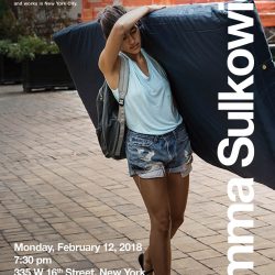 A poster advertising Emma Sulkowicz's artist lecture at SVA on February 12, 2018. The background is a photograph of Sulkowicz carrying her Columbia University dorm mattress around campus. The text is white.