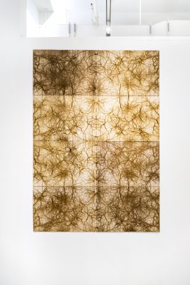 Laser etched wooden tiles installed on a wall depicting neural networks.