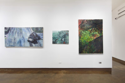 Artworks by Le Liu. China 2019. BFA Fine Arts Exhibition Liminality. SVA Chelsea Gallery, New York. Three impressionistic paintings hanging on the wall.