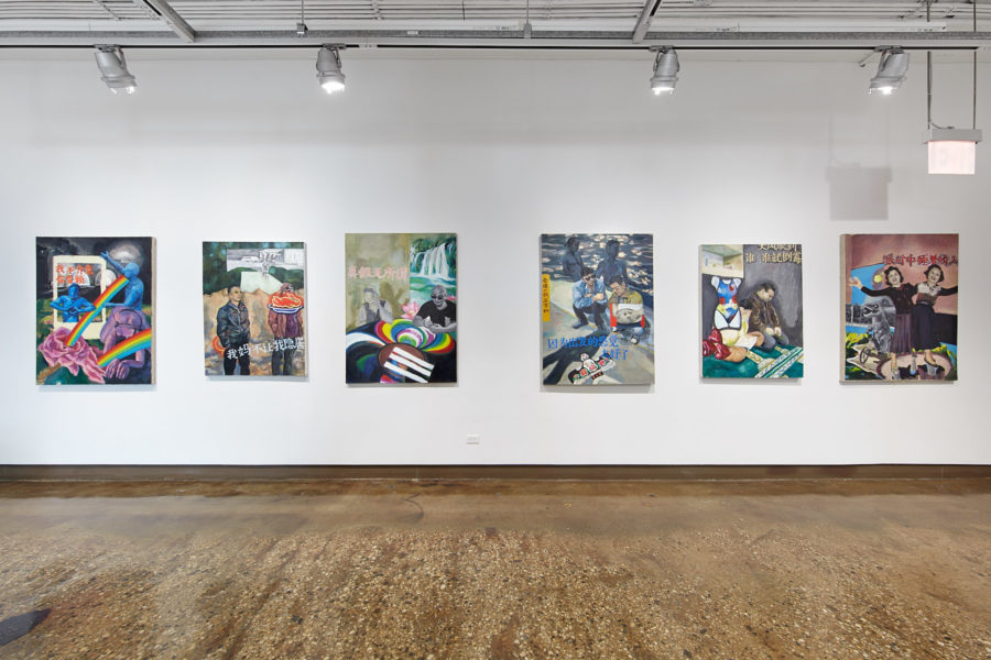 Artworks by Murphy Zhong. China: 2019. BFA Fine Arts Exhibition Liminality. SVA Chelsea Gallery, New York. Six expressionistic paintings of figures placed in different background landscapes.