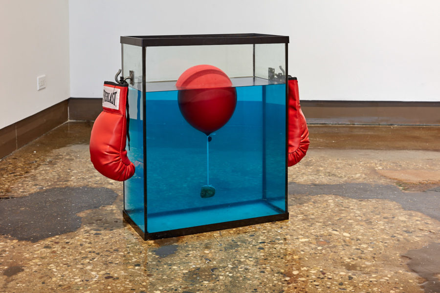 Artworks by Zidong Chen. BFA Fine Arts Exhibition Liminality. SVA Chelsea Gallery, New York. Conceptual work using readymade items. Red boxing gloves, red balloon weighted by a stone submerged in an aquarium with blue liquid.
