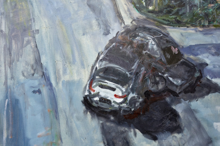 Artworks by Le Liu. China 2019. BFA Fine Arts Exhibition Liminality. SVA Chelsea Gallery, New York. Abstract painting of a car crash located in an intersection. Cars are a dark shade of black with a cool blue background.