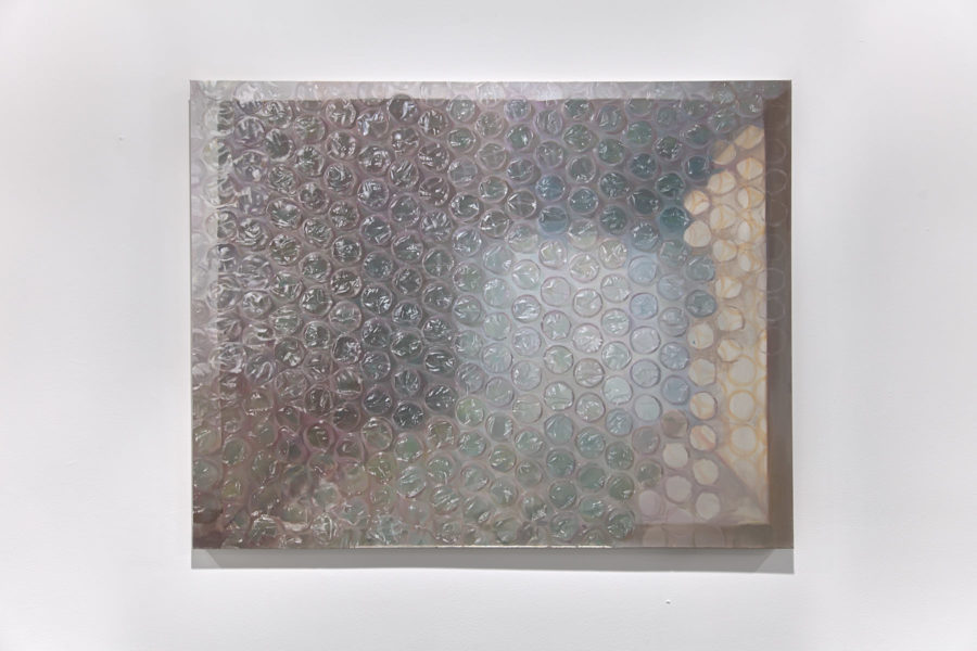 Painting of image obscured by bubble wrap hanging on a white wall