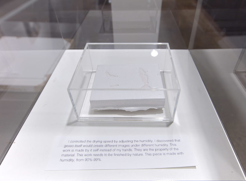 Exhibition Liminality 2019. SVA Chelsea Galleries,New York. Artwork by Ruofan Chen. Small white rectangular object placed inside of a clear plastic box. Text on a piece of paper in the foreground.