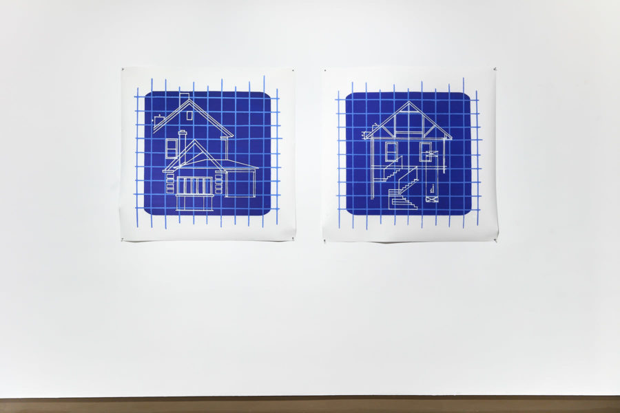 Exhibition Sticks and Stones May Break My Bones But Words Will never Hurt Me 2019. SVA Chelsea Galleries,New York. Artwork by Xiaoyu (Jade) Li. Two architecture blueprints hanging from the wall.