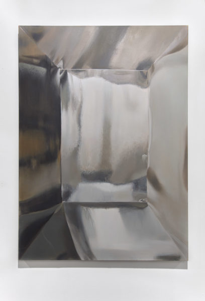 Exhibition Sticks and Stones May Break My Bones But Words Will Never Hurt Me 2019. SVA Chelsea Galleries,New York. Painting by Xinran Li. Abstract painting of rectangles made out of cloth. Neutral tones and hues.