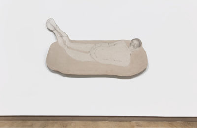 Exhibition Sticks and Stones May Break My Bones But Words Will Never Hurt Me 2019. SVA Chelsea Galleries,New York. Artwork by Xiaoyu (Jade) Li.  Mixed media figure reclining on wood using graphite and a neutral tone wash.