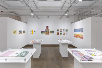 Installation view, Exhibition The Printed Image 2019. SVA Chelsea Galleries, New York. Multiple abstract images with figures. Multiple hues and tones.