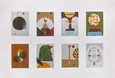 A grid of 8 silkscreened prints depicting a series of combined objects