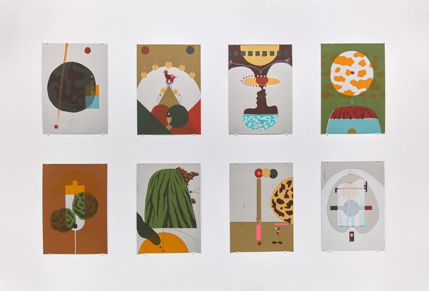 A selection of 8 art prints hanging on a white wall in a grid format. The prints depict various fictional scenes using different figures and shapes of various colors.
