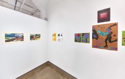 Installation view, Exhibition The Printed Image 2019. SVA Chelsea Galleries, New York. Multiple abstract images with figures. Multiple hues and tones. 