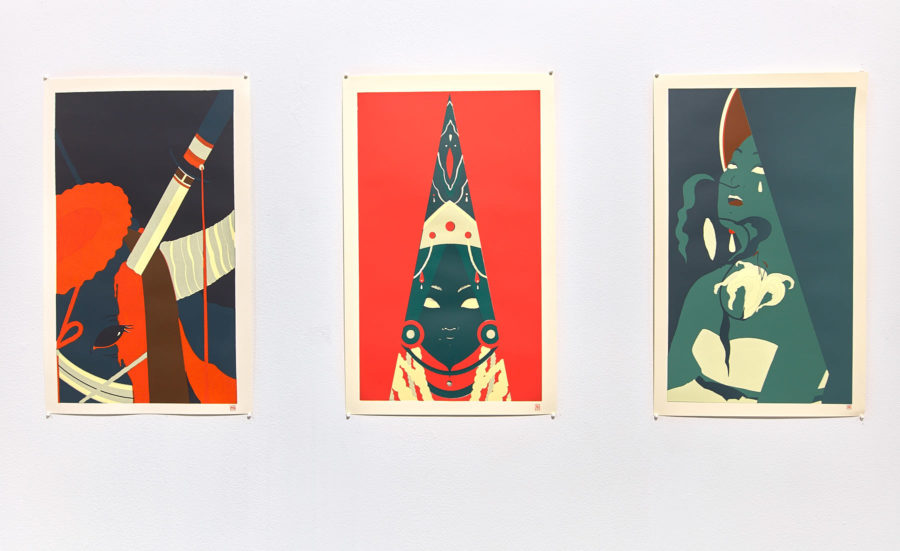 Exhibition The Printed Image 2019. SVA Chelsea Galleries, New York. Three stylized portrait prints. In shades of red and green.