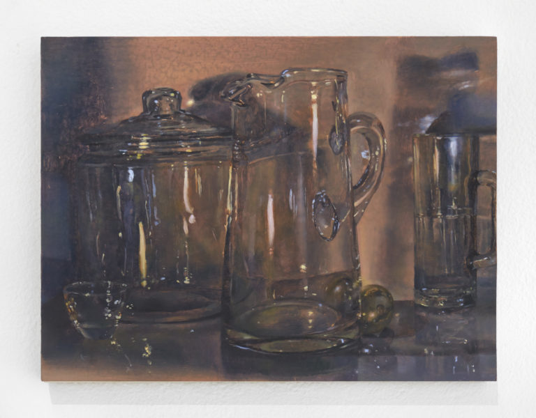 The painting illustrates a few glass recipients like and glasses