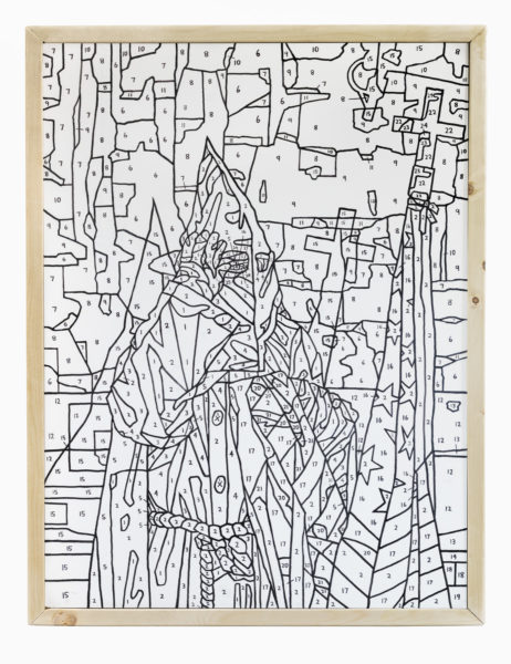 Artwork by Timothy Bair. BFA Fine Arts, 2019. Artwork of contour line drawing of figure on wood resembling a coloring book. KKK imagery.