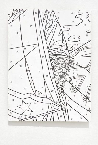 Artwork by Timothy Bair. BFA Fine Arts, 2019. Artwork of contour line drawing of figure on wood resembling a coloring book. KKK imagery.