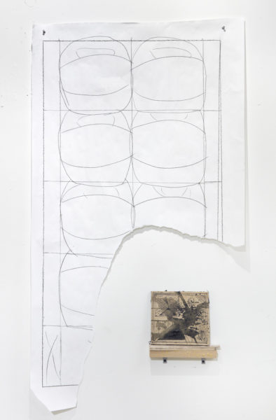 Artwork by Ziwei David Shao. BFA Fine Arts, 2019. Torn drawing using graphite of spheres placed in a grid on paper and a small abstract painting. 