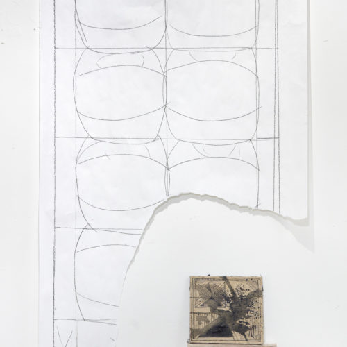 Artwork by Ziwei David Shao. BFA Fine Arts, 2019. Torn drawing using graphite of spheres placed in a grid on paper and a small abstract painting.