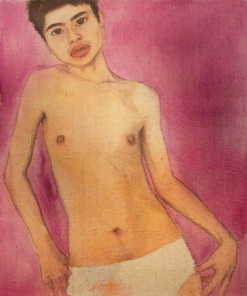 Painting by Stanley Chen. The painting depicts a self portrait of the artist. The figure is asian, male, with short hair. The figure is only dressed in white underwear and is looking directly at the viewer. The background is a fuchsia color.