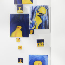 Artwork by Nancy Razk. BFA Fine Arts, 2019. Multiple paintings of a abstract yellow figure and a blue background.