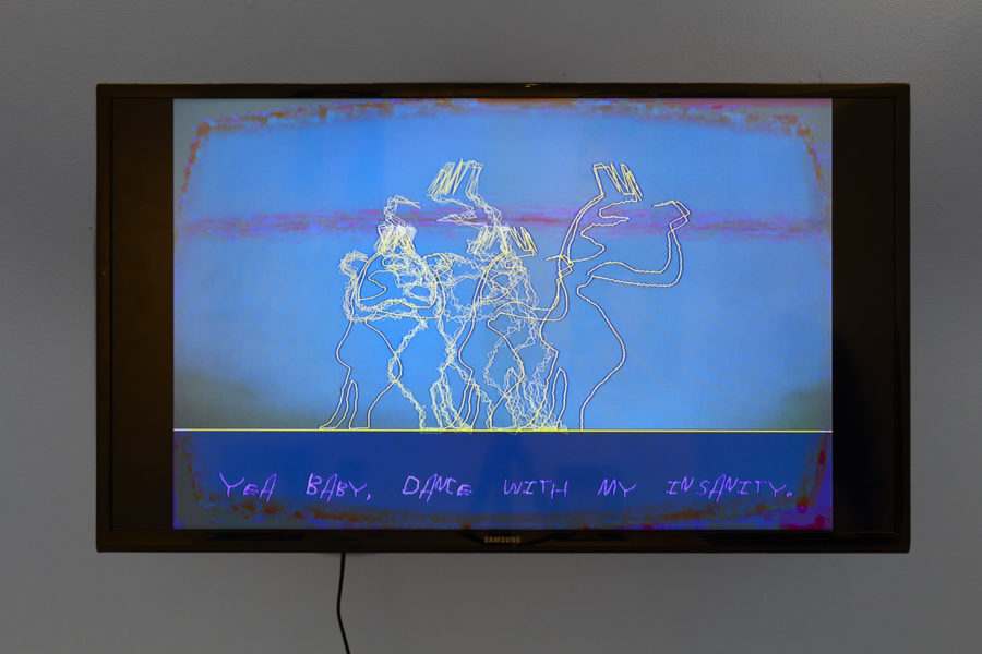Artwork by Nancy Razk. BFA Fine Arts, 2019.  Single channel video of abstract figurative drawing with text at the bottom.