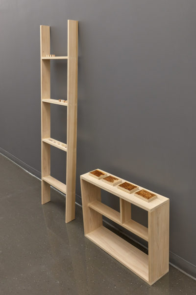 A wooden shelf and later rest up against a grey wall.