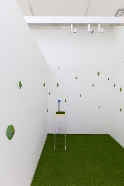 3d printed leaves hang from fishing line in a white room with astroturf carpet. In the corner of the room sits a transparent pedestal with a blue rose made of steel.
