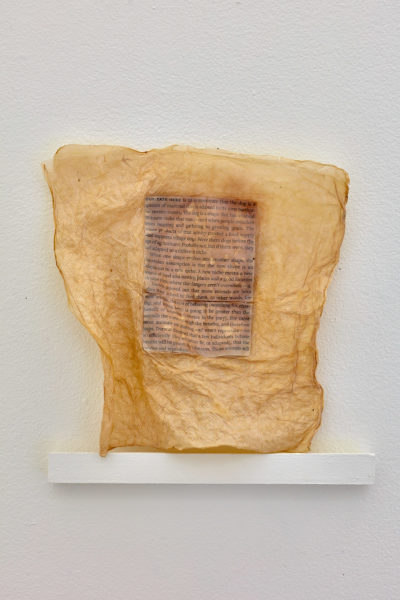 A page from a book embedded between two pieces of bacterial cellulose that have created a shrink wrap effect
