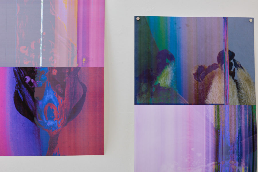 A close up of two abstract photographs printed in rich purples and violet colors