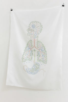 A hand embroidered design depicting the profile of a person made our of leaves, emphasizing the respiratory anatomy