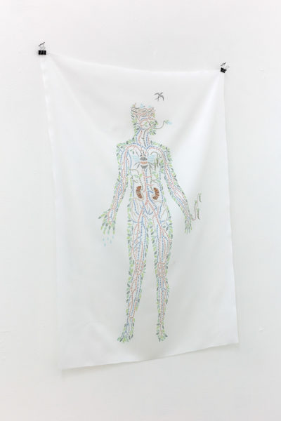 A hand embroidered design of an anatomical body made out of tiny leaves