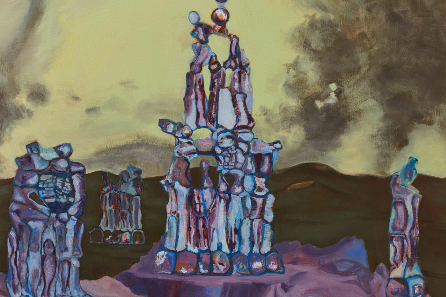 A painting of statue like stone figures piled on top of each other.