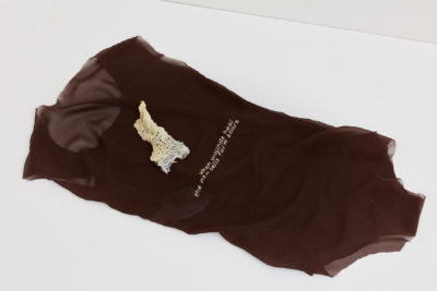 A brown hand-sewed mesh bodysuit displayed on a white table, with embroidery that reads “when wounds heal the cells form scars”