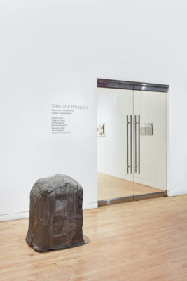 Entrance view for the exhibition Tales and Whispers 2019. SVA Flatiron Gallery, New York. Large sculpture representing a stone.