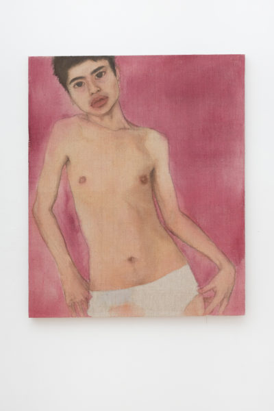 Exhibition Tales and Whispers 2019. SVA Flatiron Gallery, New York. Artwork by Stanley Chen. Expressionistic portrait of a male figure shirtless using flesh tones and a red tonal background.
