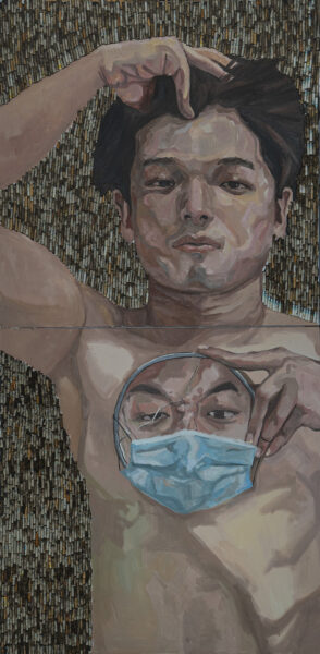 A self-portrait of a man laying in front of cigarette butts, with a mirror in hand showing another face of the man with mask on.
