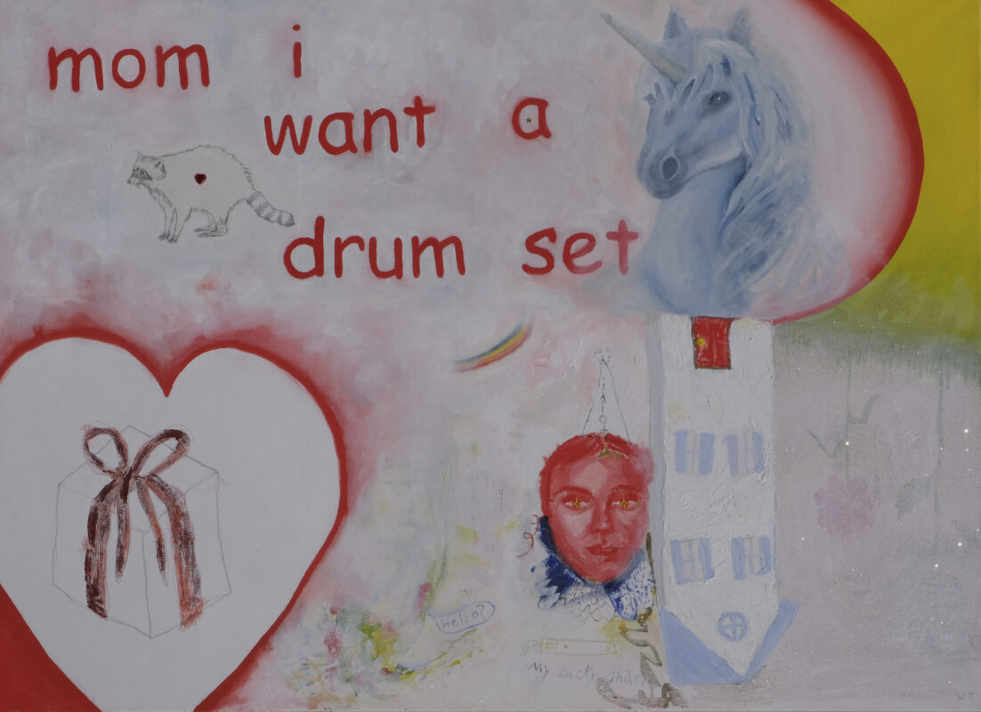 Red heart, blue unicorn, glitter, racoon painting, text "mom i want a drum set