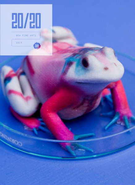 Event artwork for 20/20 with a 3D printed from in white, pink, and blue in a rounded lab container